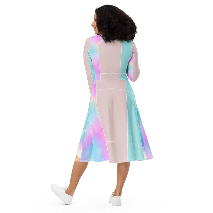 Womens Long Sleeve Midi Dress - Pastel Colorblock Watercolor-4