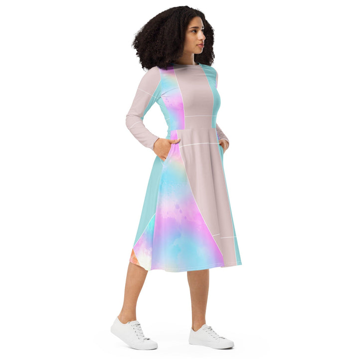 Womens Long Sleeve Midi Dress - Pastel Colorblock Watercolor-3