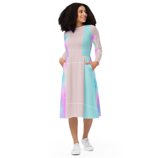 Womens Long Sleeve Midi Dress - Pastel Colorblock Watercolor-0