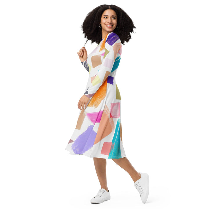 Womens Long Sleeve Midi Dress - Pastel Pattern-2