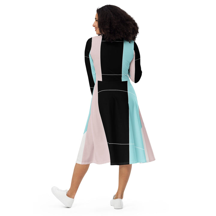 Womens Long Sleeve Midi Dress - Pastel Pink Black Blue Colorblock Lines-4