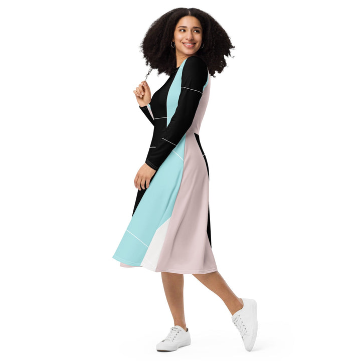Womens Long Sleeve Midi Dress - Pastel Pink Black Blue Colorblock Lines-2