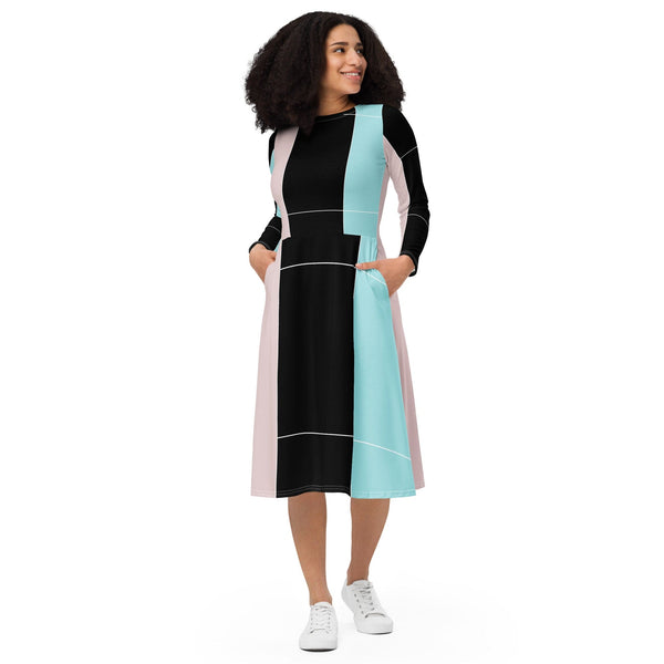 Womens Long Sleeve Midi Dress - Pastel Pink Black Blue Colorblock Lines-0