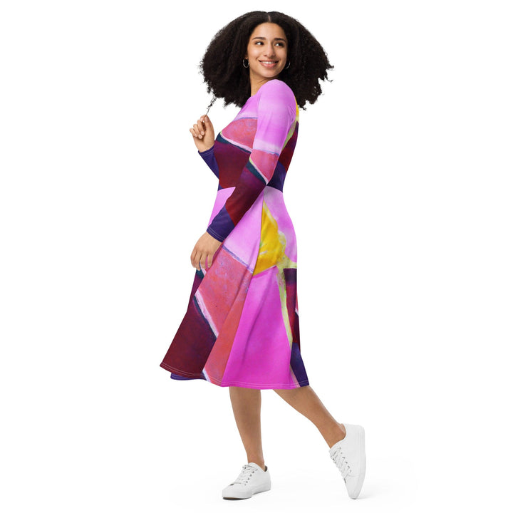 Womens Long Sleeve Midi Dress - Pink and Purple Pattern-2