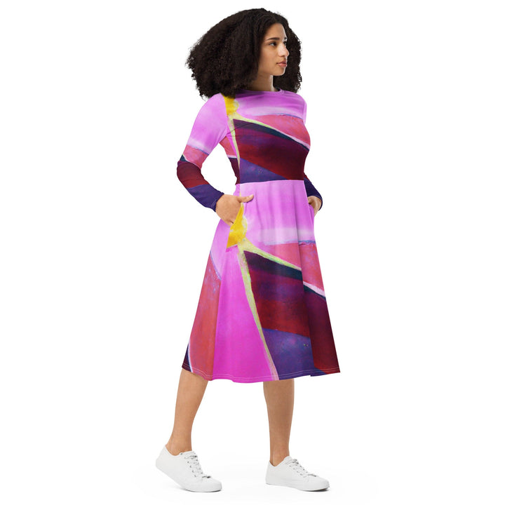 Womens Long Sleeve Midi Dress - Pink and Purple Pattern-3