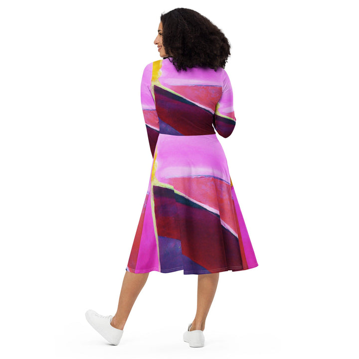 Womens Long Sleeve Midi Dress - Pink and Purple Pattern-1