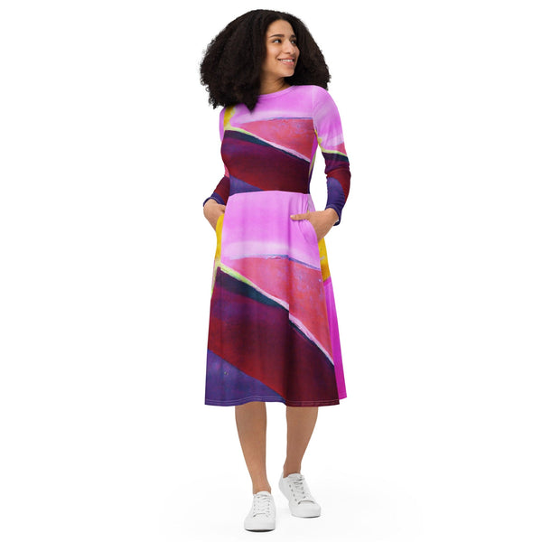 Womens Long Sleeve Midi Dress - Pink and Purple Pattern-0