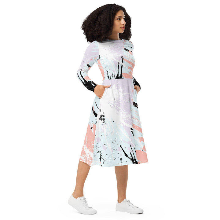 Womens Long Sleeve Midi Dress - Pink Black Abstract Print-3