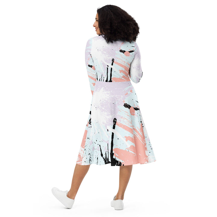 Womens Long Sleeve Midi Dress - Pink Black Abstract Print-4