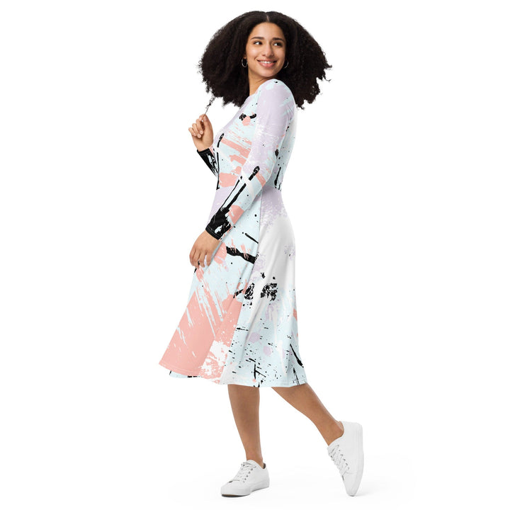 Womens Long Sleeve Midi Dress - Pink Black Abstract Print-2