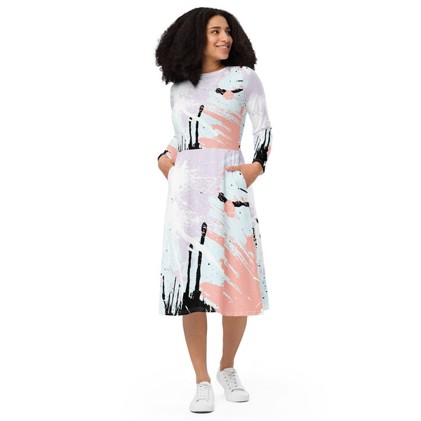 Womens Long Sleeve Midi Dress - Pink Black Abstract Print-0