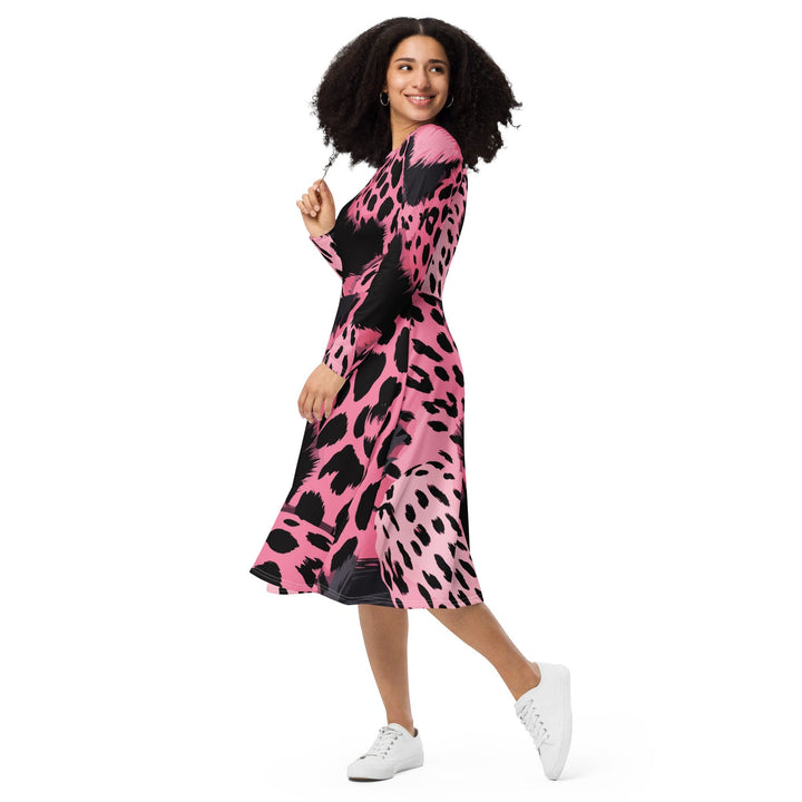 Womens Long Sleeve Midi Dress - Pink Black Spotted Print-2