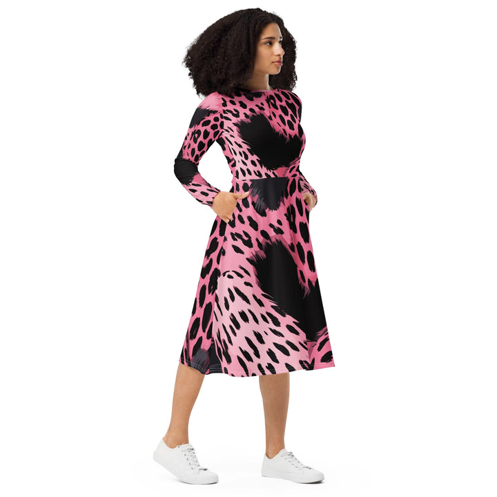 Womens Long Sleeve Midi Dress - Pink Black Spotted Print-3
