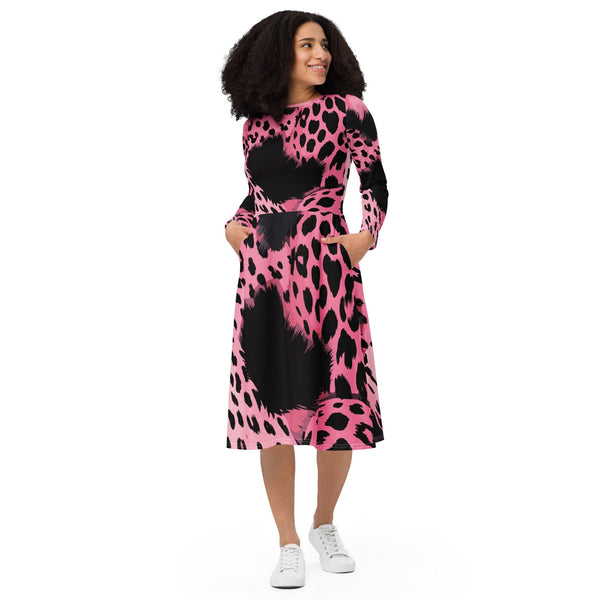 Womens Long Sleeve Midi Dress - Pink Black Spotted Print-0