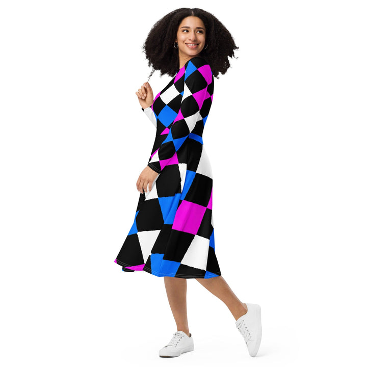 Womens Long Sleeve Midi Dress - Pink Blue Checkered Pattern-2