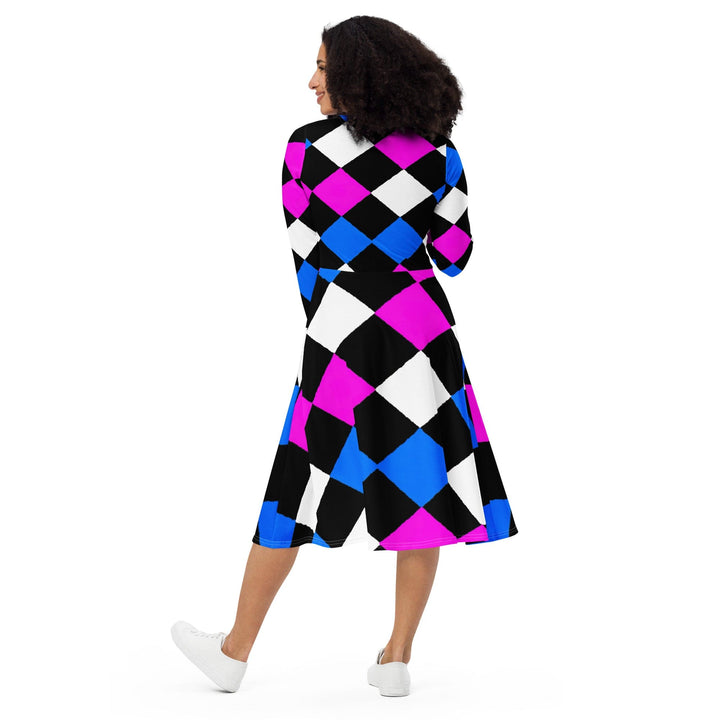 Womens Long Sleeve Midi Dress - Pink Blue Checkered Pattern-4