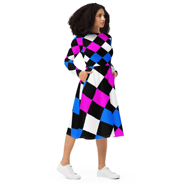 Womens Long Sleeve Midi Dress - Pink Blue Checkered Pattern-3