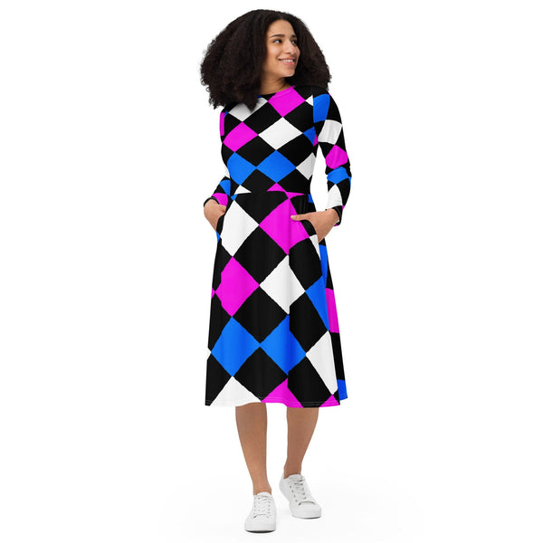 Womens Long Sleeve Midi Dress - Pink Blue Checkered Pattern-0
