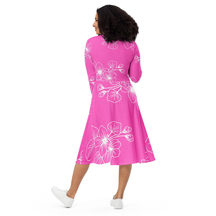 Womens Long Sleeve Midi Dress - Pink Floral 7022623-1