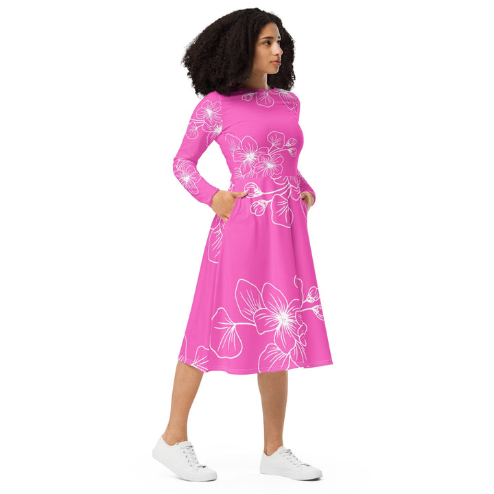 Womens Long Sleeve Midi Dress - Pink Floral 7022623-3
