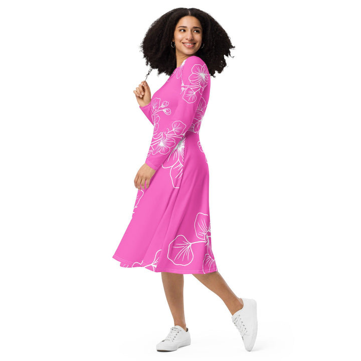 Womens Long Sleeve Midi Dress - Pink Floral 7022623-2