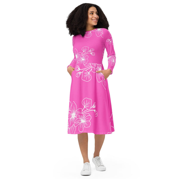 Womens Long Sleeve Midi Dress - Pink Floral 7022623-0
