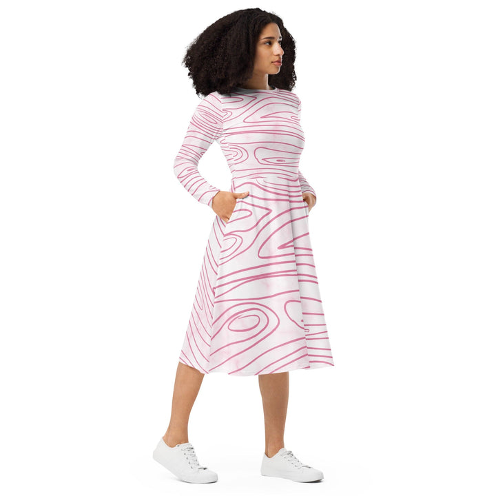 Womens Long Sleeve Midi Dress - Pink Line Art Sketch Print-3