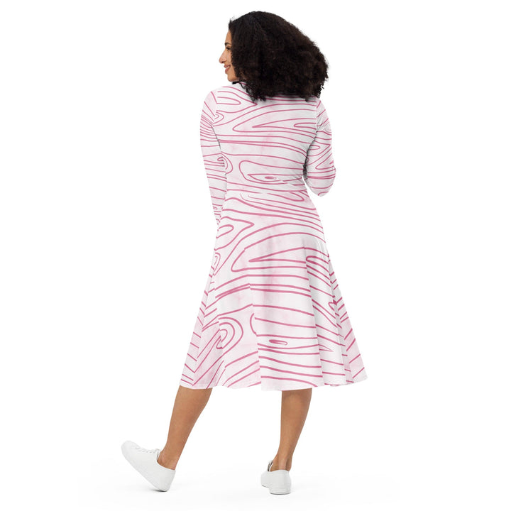Womens Long Sleeve Midi Dress - Pink Line Art Sketch Print-4