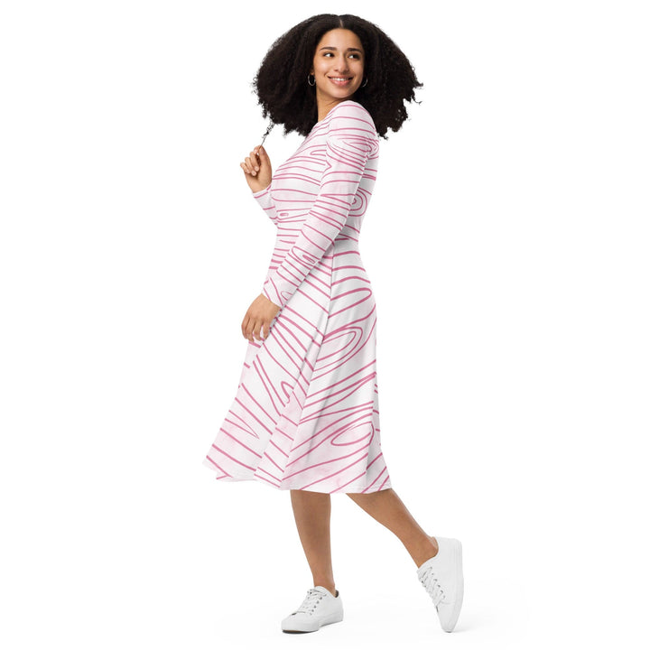 Womens Long Sleeve Midi Dress - Pink Line Art Sketch Print-2