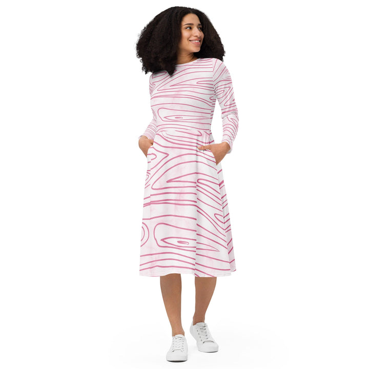 Womens Long Sleeve Midi Dress - Pink Line Art Sketch Print-0