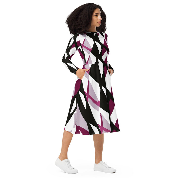 Womens Long Sleeve Midi Dress - Pink Mauve Pattern 2-3
