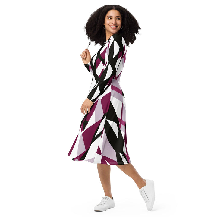 Womens Long Sleeve Midi Dress - Pink Mauve Pattern 2-2