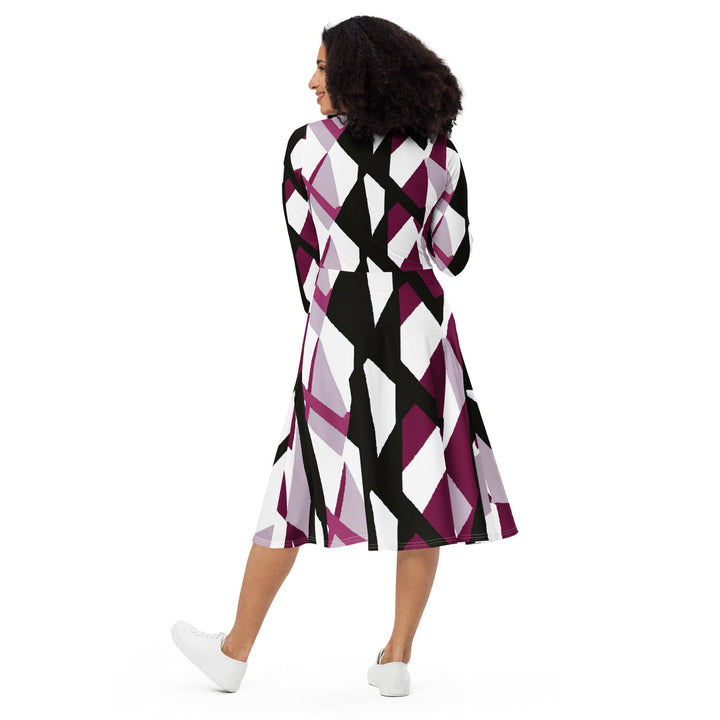 Womens Long Sleeve Midi Dress - Pink Mauve Pattern 2-4