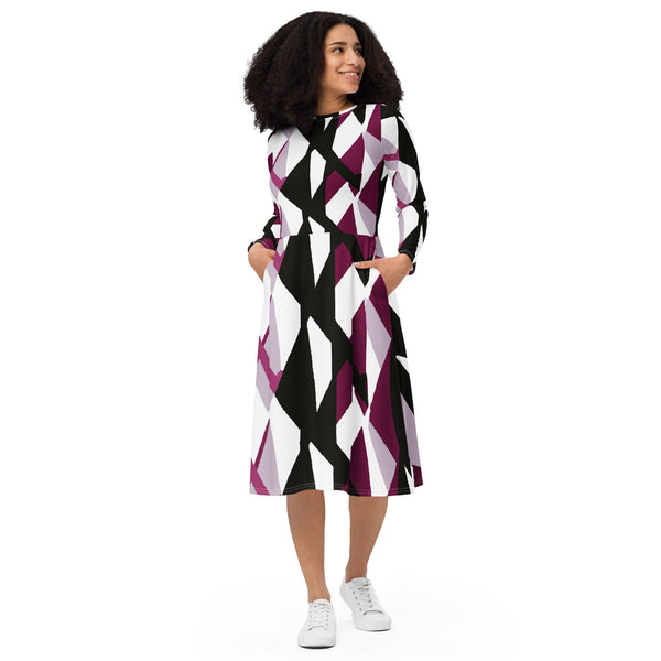 Womens Long Sleeve Midi Dress - Pink Mauve Pattern 2-0