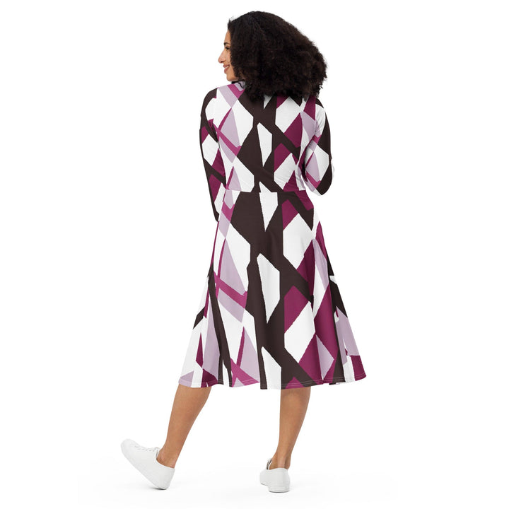 Womens Long Sleeve Midi Dress - Pink Mauve Pattern-4