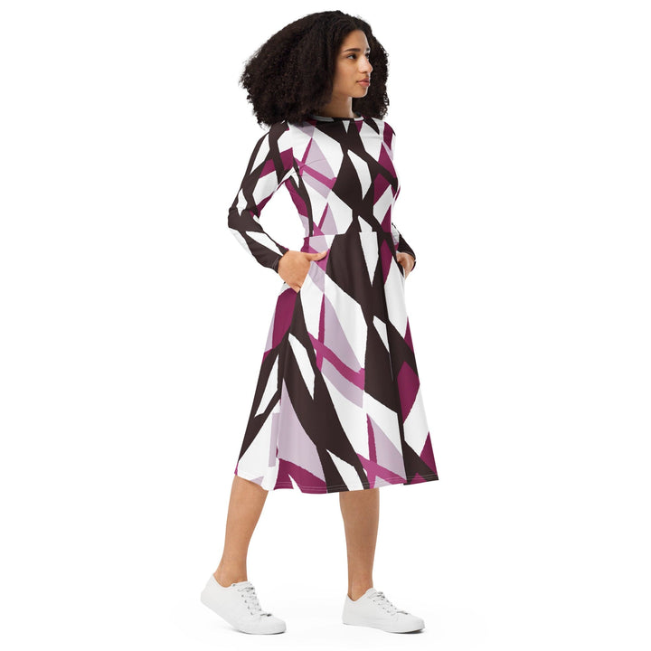 Womens Long Sleeve Midi Dress - Pink Mauve Pattern-3