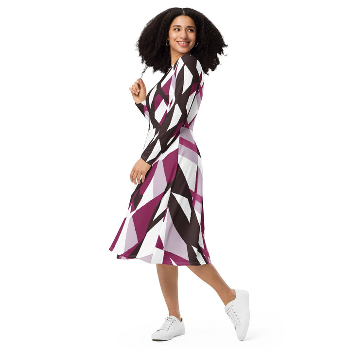 Womens Long Sleeve Midi Dress - Pink Mauve Pattern-2