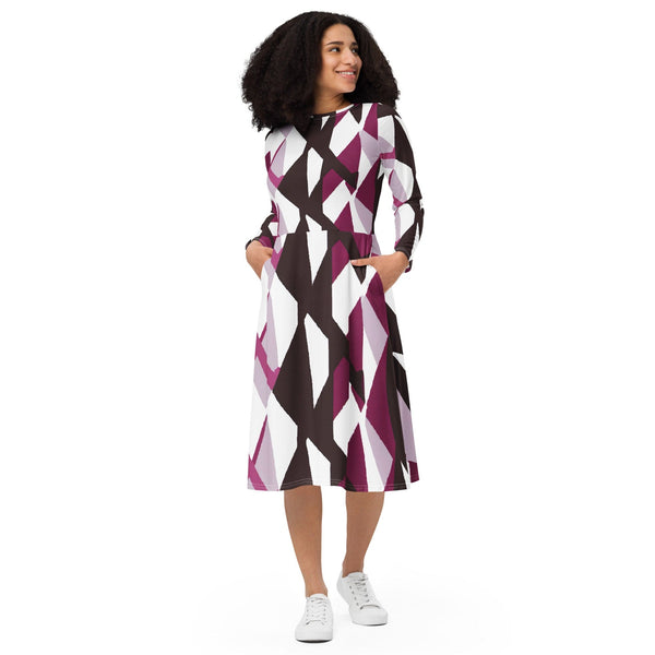 Womens Long Sleeve Midi Dress - Pink Mauve Pattern-0