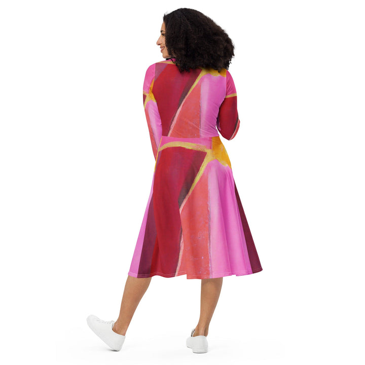 Womens Long Sleeve Midi Dress - Pink Mauve Red Geometric Pattern-4