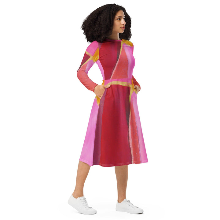 Womens Long Sleeve Midi Dress - Pink Mauve Red Geometric Pattern-3