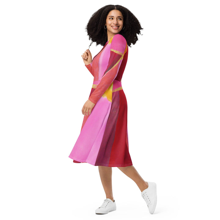 Womens Long Sleeve Midi Dress - Pink Mauve Red Geometric Pattern-2