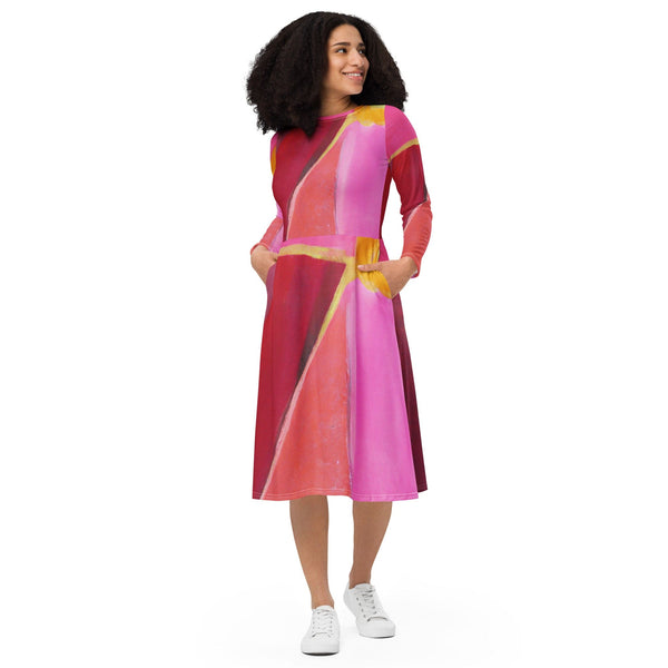 Womens Long Sleeve Midi Dress - Pink Mauve Red Geometric Pattern-0