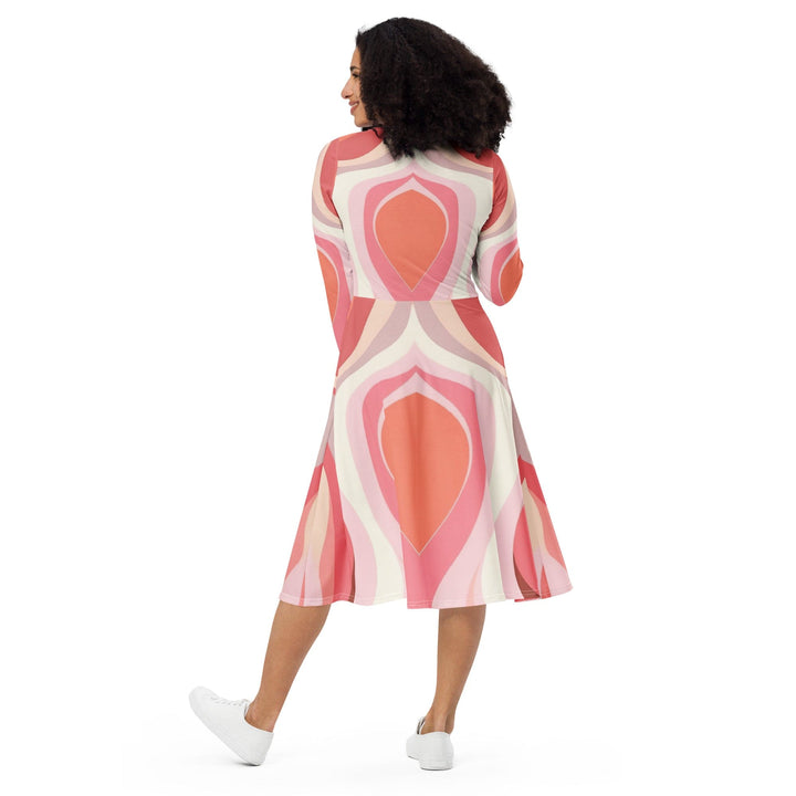 Womens Long Sleeve Midi Dress - Pink White Boho Swirl Lines-4