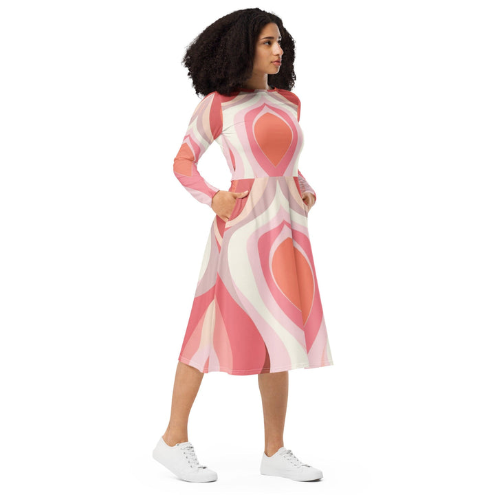 Womens Long Sleeve Midi Dress - Pink White Boho Swirl Lines-3