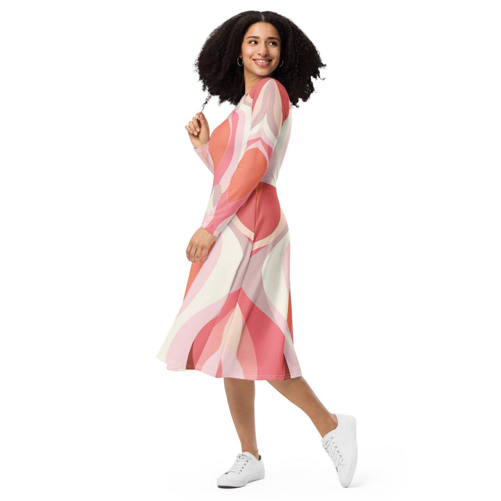Womens Long Sleeve Midi Dress - Pink White Boho Swirl Lines-2