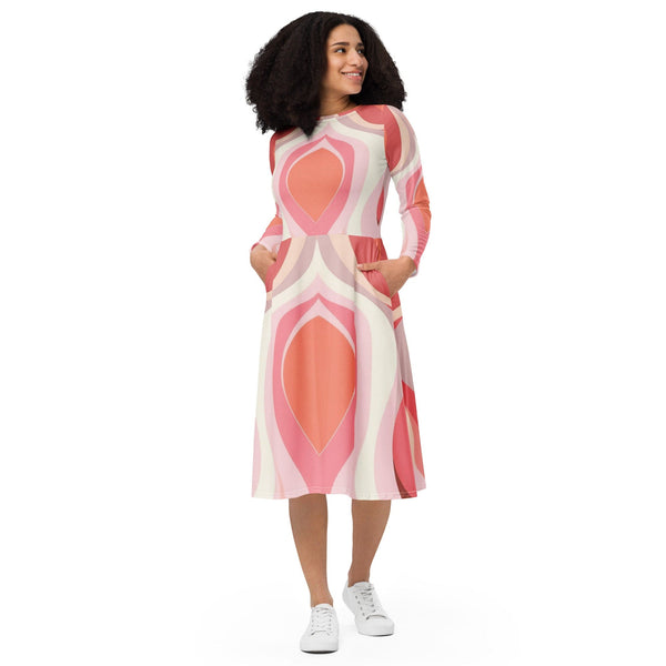 Womens Long Sleeve Midi Dress - Pink White Boho Swirl Lines-0