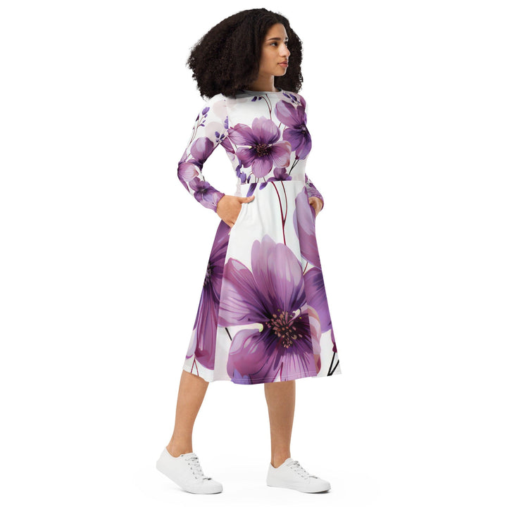 Womens Long Sleeve Midi Dress - Purple Botanical Blooms 2-3