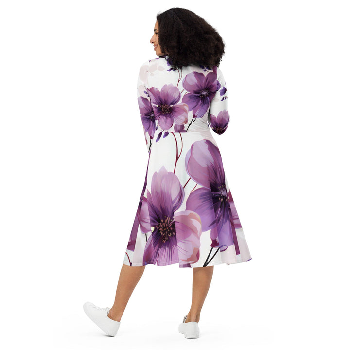 Womens Long Sleeve Midi Dress - Purple Botanical Blooms 2-1