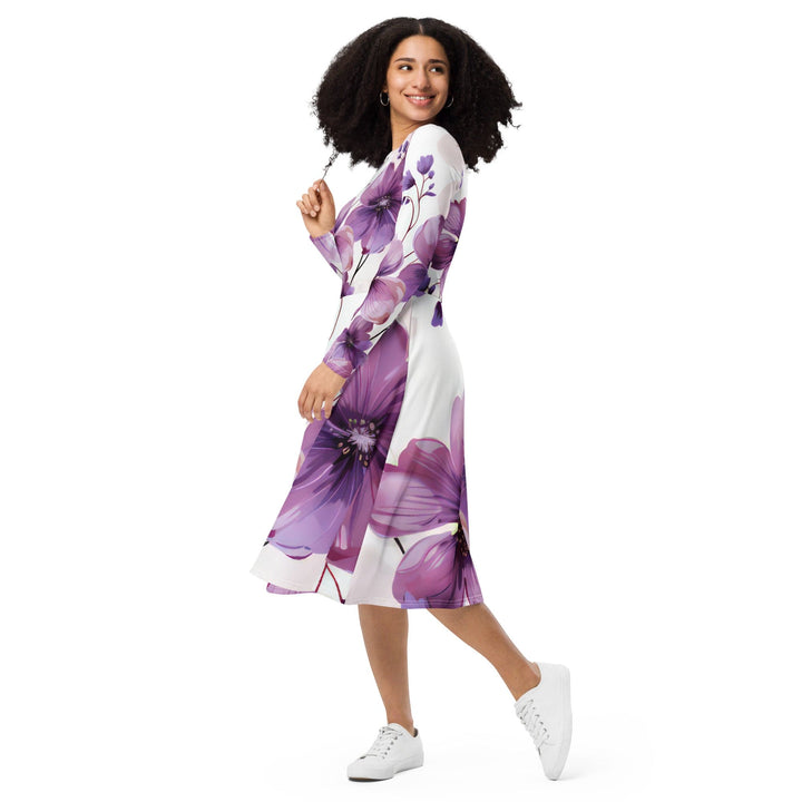 Womens Long Sleeve Midi Dress - Purple Botanical Blooms 2-2