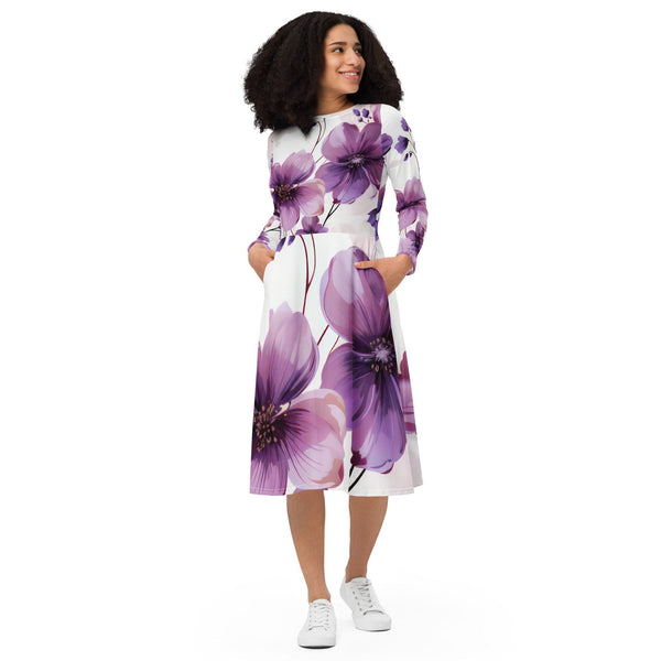 Womens Long Sleeve Midi Dress - Purple Botanical Blooms 2-0